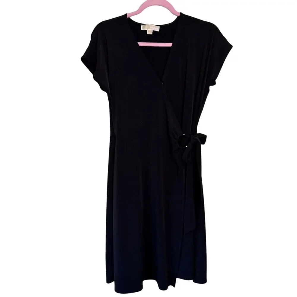 Michael Kors Black Mini Wrap Dress Womens L Casual LBD Classic Closet Staple